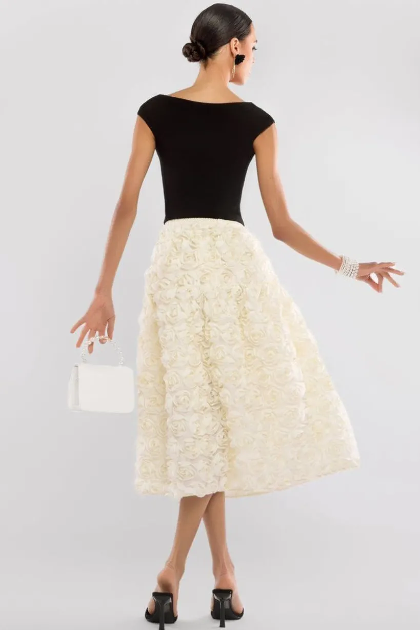 Front Pleated Wrap Off The Shoulder Corset With 3D Floral Mesh Skirt - Black & Cream by Goddiva