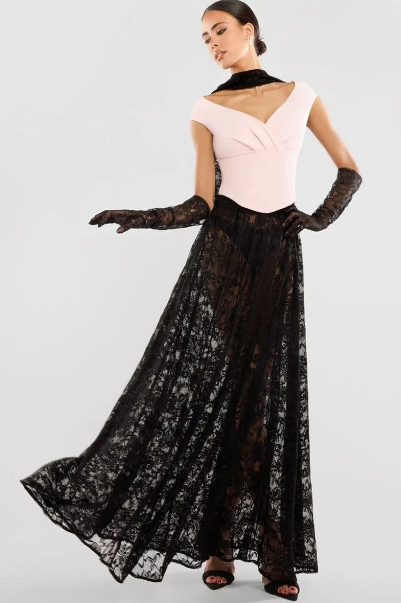 Front Pleated Wrap Off The Shoulder Corset With Lace A-Line Skirt With Scarf & Gloves - Pink & Black by Goddiva