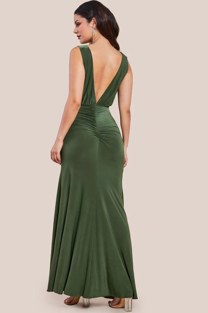 Front Wrap Gathered Maxi Dress - Olive by Goddiva