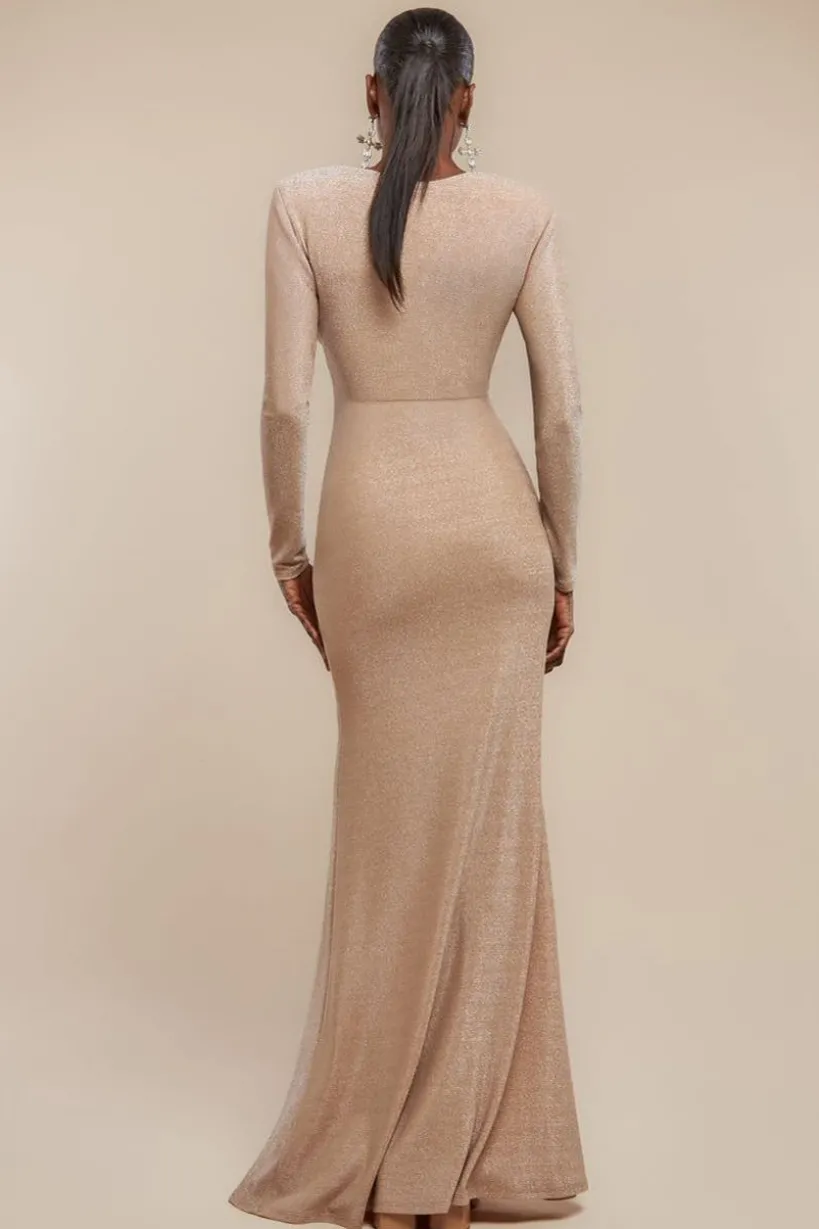Front Wrap Lurex Bodycon Maxi Dress - Nude by Goddiva