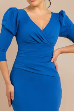 Front Wrap Pleated Scuba Midi Dress - Royal Blue by Goddiva