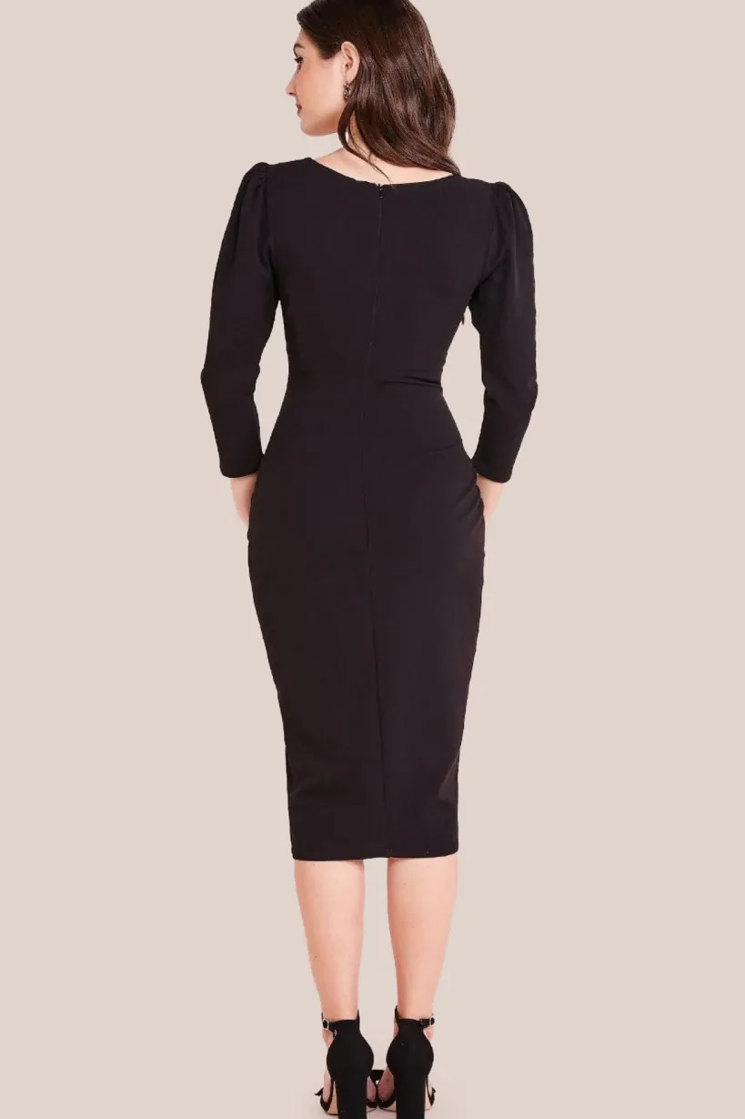 Front Wrap Pleated Scuba Midi Dress - Black by Goddiva