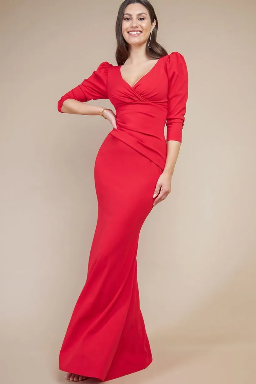 Front Wrap Pleated Scuba Maxi Dress - Red by Goddiva