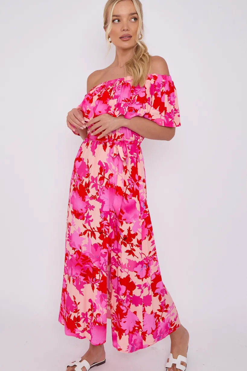 Fuchsia Floral Print Bardot Maxi Dress by LOVE SUNSHINE