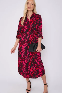 Fuchsia Leopard Print Half Sleeve Belted Maxi Shirt Dress by LOVE SUNSHINE
