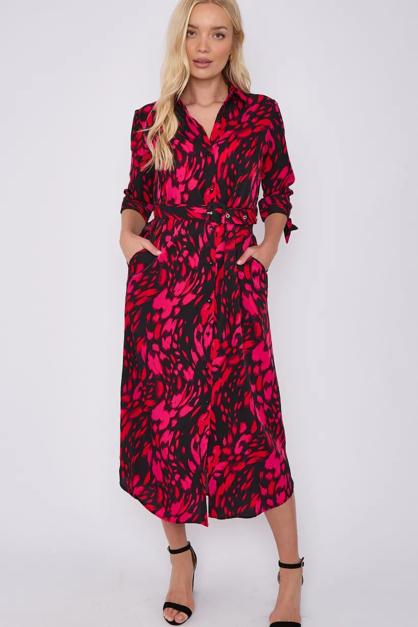Fuchsia Leopard Print Half Sleeve Belted Maxi Shirt Dress by LOVE SUNSHINE