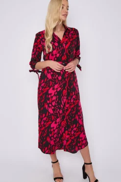 Fuchsia Leopard Print Half Sleeve Belted Maxi Shirt Dress by LOVE SUNSHINE