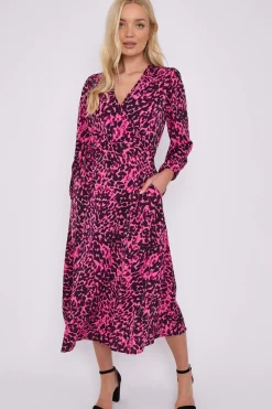 Fuchsia Leopard Printed V Neck Midi Dress by LOVE SUNSHINE