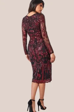 Full Sleeve Sequin Midi Dress - Wine by Goddiva