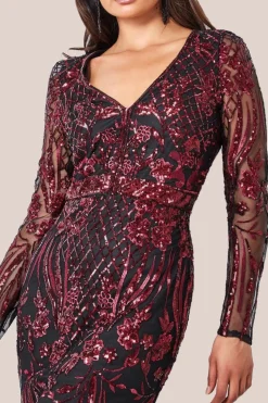 Full Sleeve Sequin Midi Dress - Wine by Goddiva