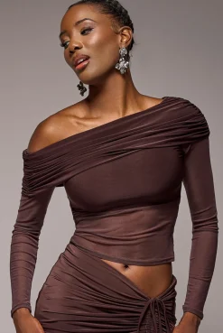 Gathered Bardot Asymmetric Mesh Panel Top - Brown by Goddiva