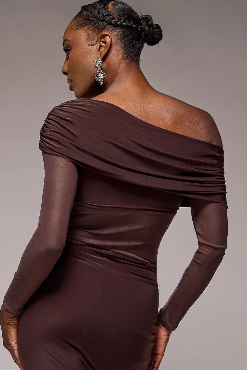 Gathered Bardot Asymmetric Mesh Panel Top - Brown by Goddiva