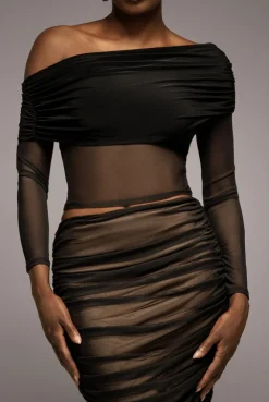 Gathered Bardot Asymmetric Mesh Panel Top - Black by Goddiva