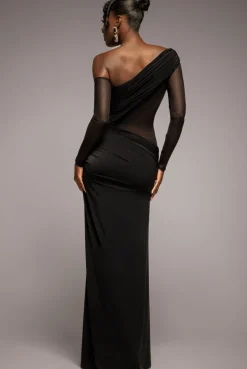Gathered Cowl Asymmetric Mesh And Soft Touch Maxi Dress - Black by Goddiva