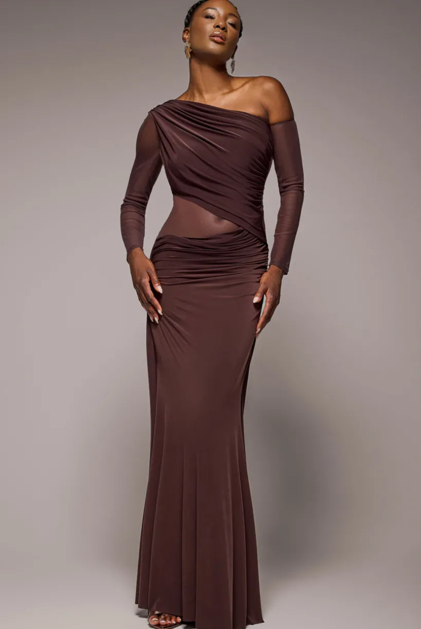 Gathered Cowl Asymmetric Mesh And Soft Touch Maxi Dress - Brown by Goddiva