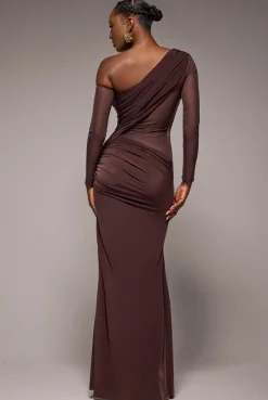 Gathered Cowl Asymmetric Mesh And Soft Touch Maxi Dress - Brown by Goddiva