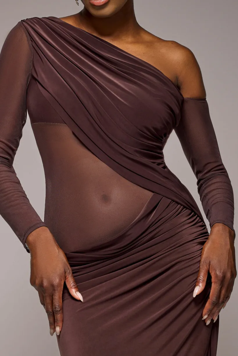 Gathered Cowl Asymmetric Mesh And Soft Touch Maxi Dress - Brown by Goddiva