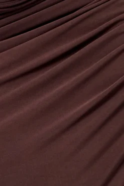 Gathered Cowl Asymmetric Mesh And Soft Touch Maxi Dress - Brown by Goddiva