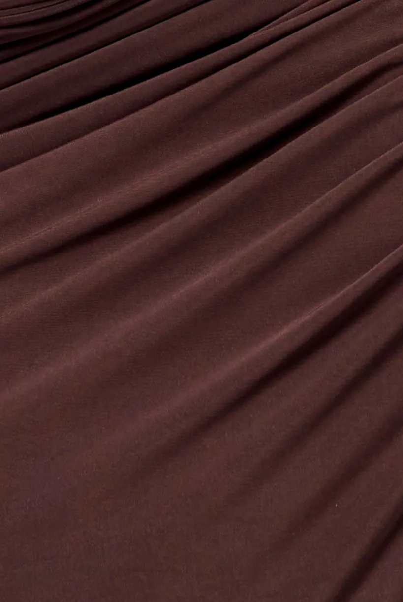 Gathered Cowl Asymmetric Mesh And Soft Touch Maxi Dress - Brown by Goddiva