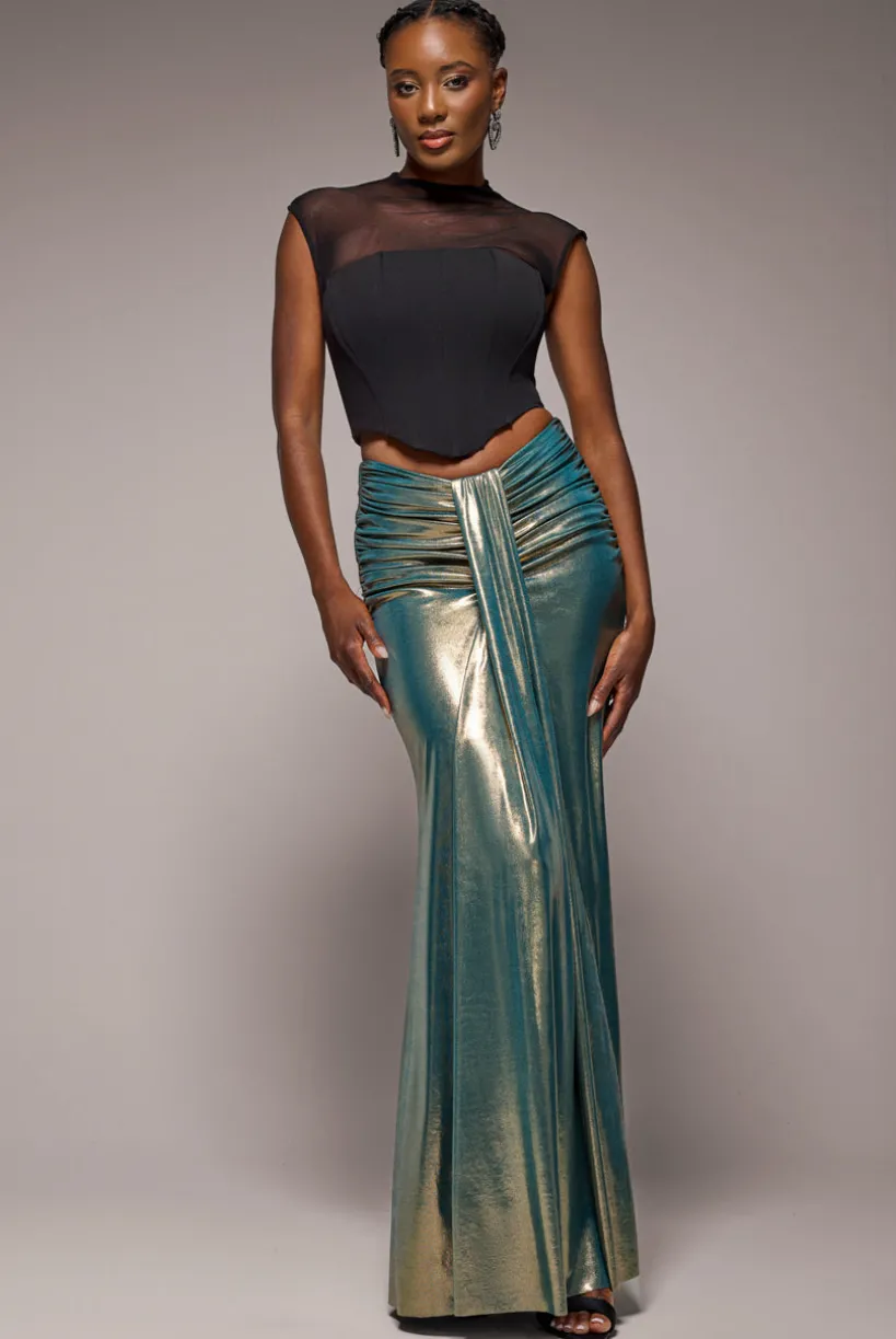 Gathered Front Dipped Waist Foil Maxi Skirt - Gold by Goddiva