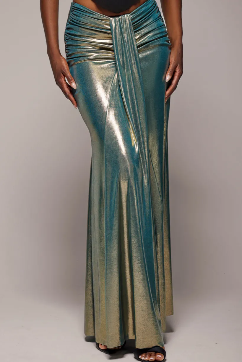 Gathered Front Dipped Waist Foil Maxi Skirt - Gold by Goddiva