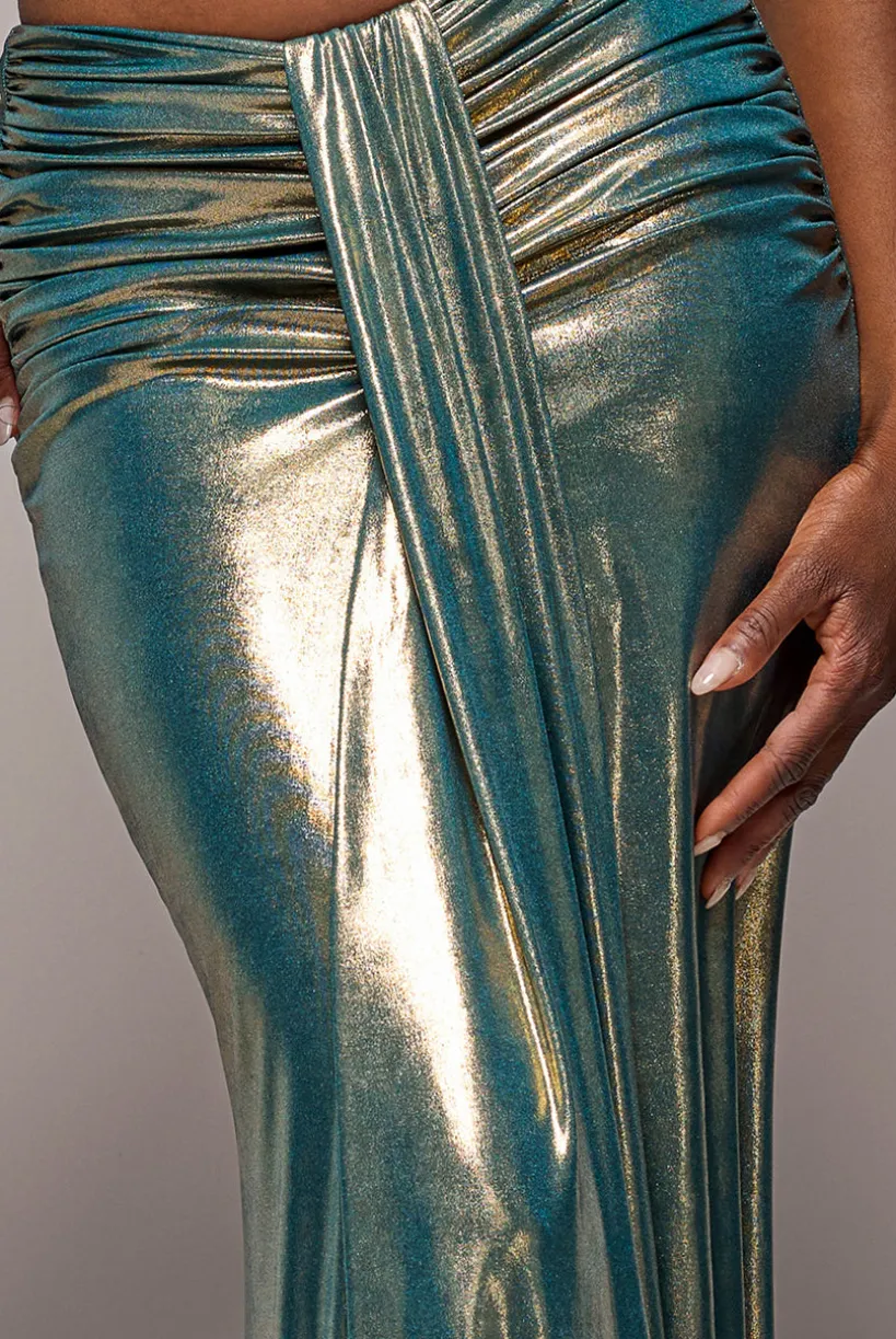 Gathered Front Dipped Waist Foil Maxi Skirt - Gold by Goddiva
