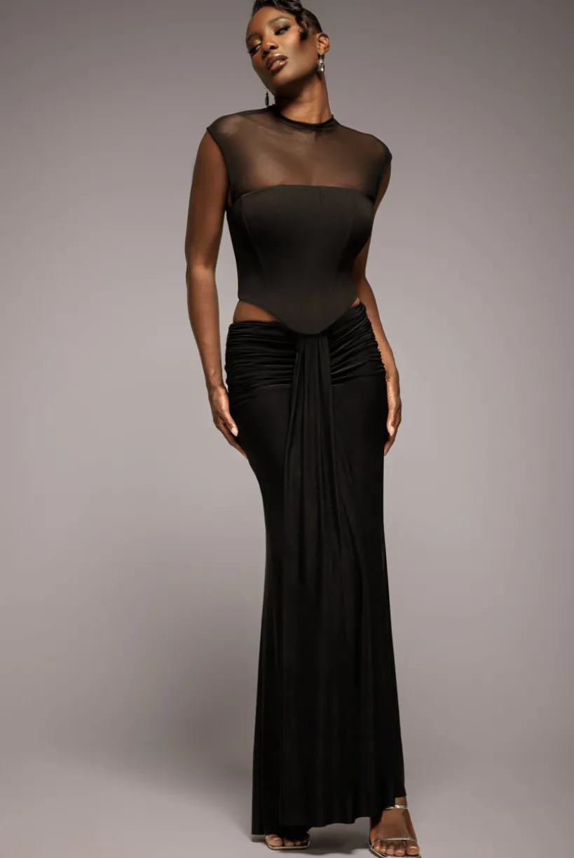 Gathered Front Dipped Waist Maxi Skirt - Black by Goddiva