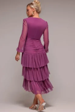 Gathered High & Low Tiered Midaxi Dress - Berry by Goddiva