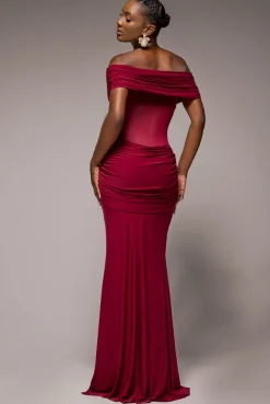 Gathered Off The Shoulder Mesh Waist Panel Maxi Dress - Wine by Goddiva