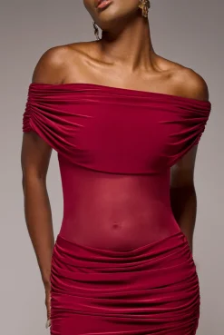 Gathered Off The Shoulder Mesh Waist Panel Maxi Dress - Wine by Goddiva