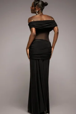 Gathered Off The Shoulder Mesh Waist Panel Maxi Dress - Black by Goddiva