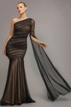 Gathered One Sleeve Angel Wing Mermaid Maxi Dress - Black by Goddiva