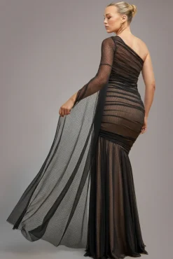 Gathered One Sleeve Angel Wing Mermaid Maxi Dress - Black by Goddiva