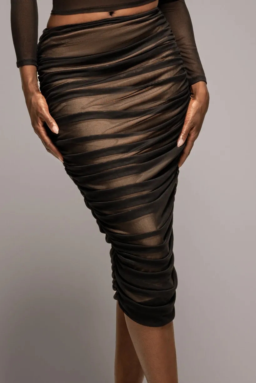 Gathered Side Mesh Midi Skirt - Black by Goddiva
