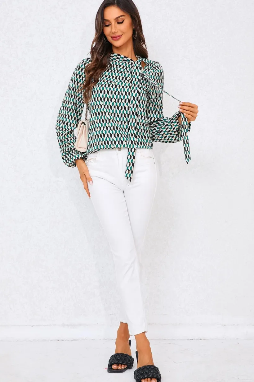 Geo Print Side Tie Blouse Top In Green by FS Collection