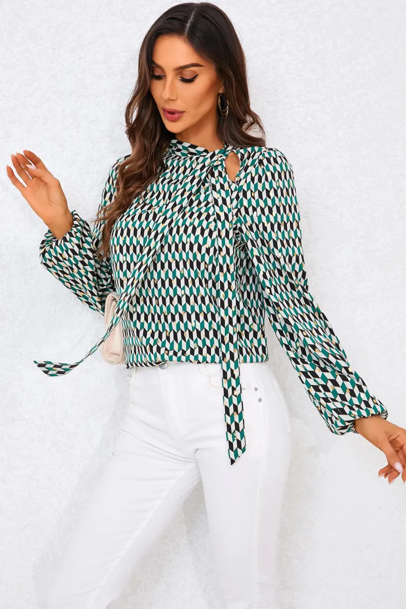 Geo Print Side Tie Blouse Top In Green by FS Collection