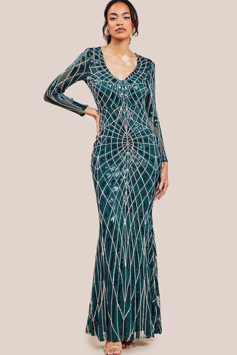 Geo Sequin Long Sleeve Maxi Dress - Emerald by Goddiva