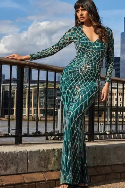 Geo Sequin Long Sleeve Maxi Dress - Emerald by Goddiva
