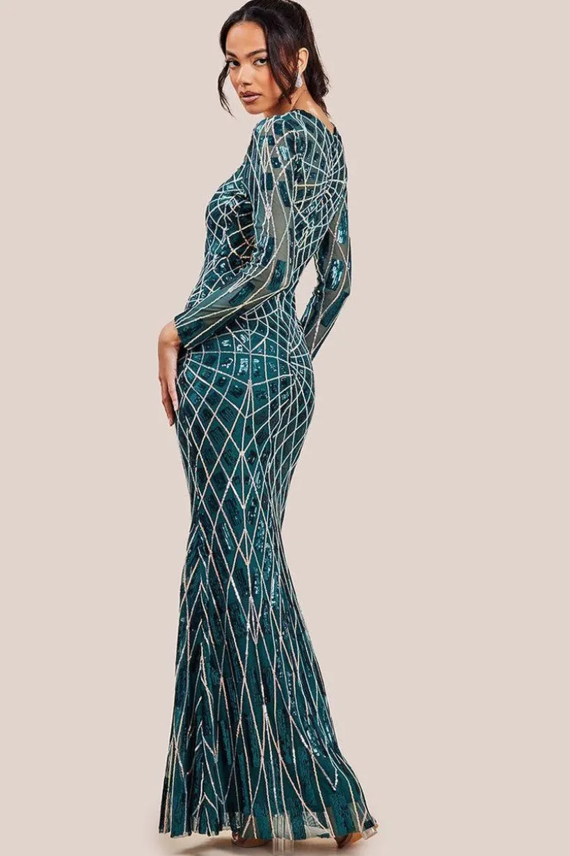 Geo Sequin Long Sleeve Maxi Dress - Emerald by Goddiva