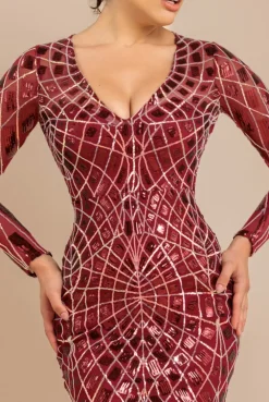 Geo Sequin Long Sleeve Maxi Dress - Wine by Goddiva