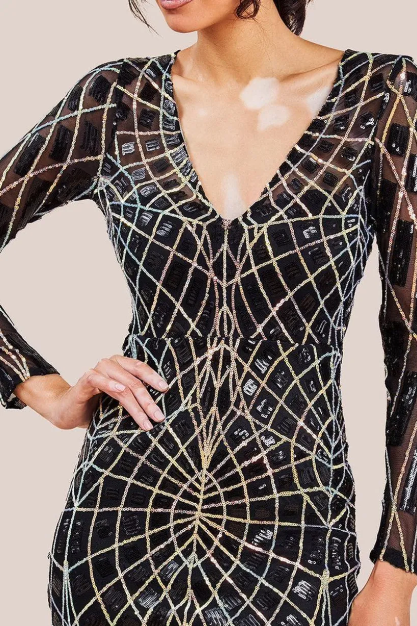 Geo Sequin Long Sleeve Maxi Dress - Black by Goddiva