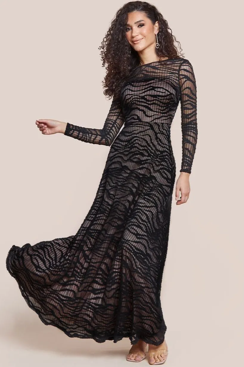 Geo Wave Flare Skirt Long Sleeve Maxi Dress - Black by Goddiva