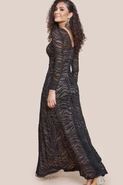 Geo Wave Flare Skirt Long Sleeve Maxi Dress - Black by Goddiva