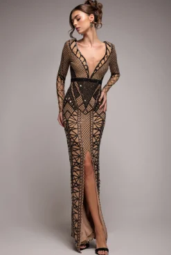 Geometric Sequin Plunge Maxi - Black by Goddiva