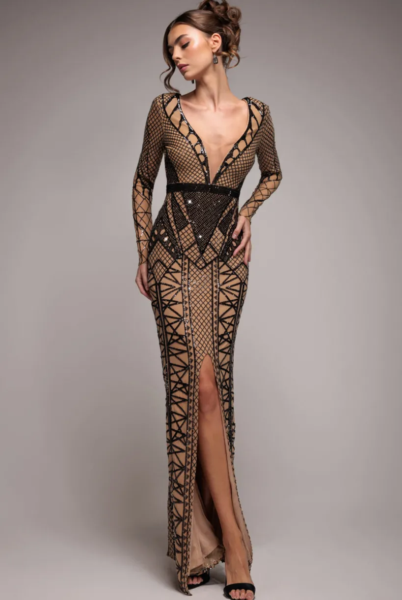 Geometric Sequin Plunge Maxi - Black by Goddiva