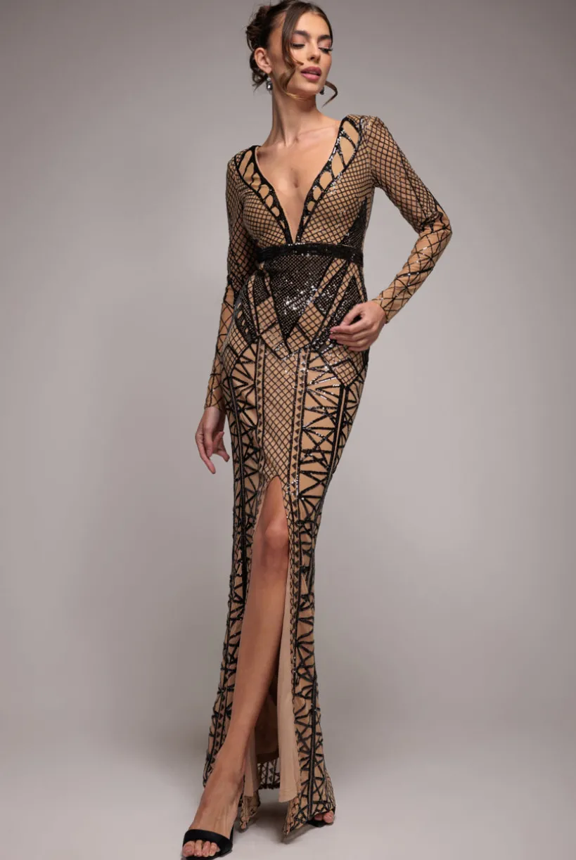 Geometric Sequin Plunge Maxi - Black by Goddiva