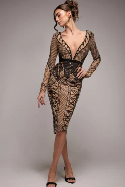Geometric Sequin Plunge Midi - Black by Goddiva