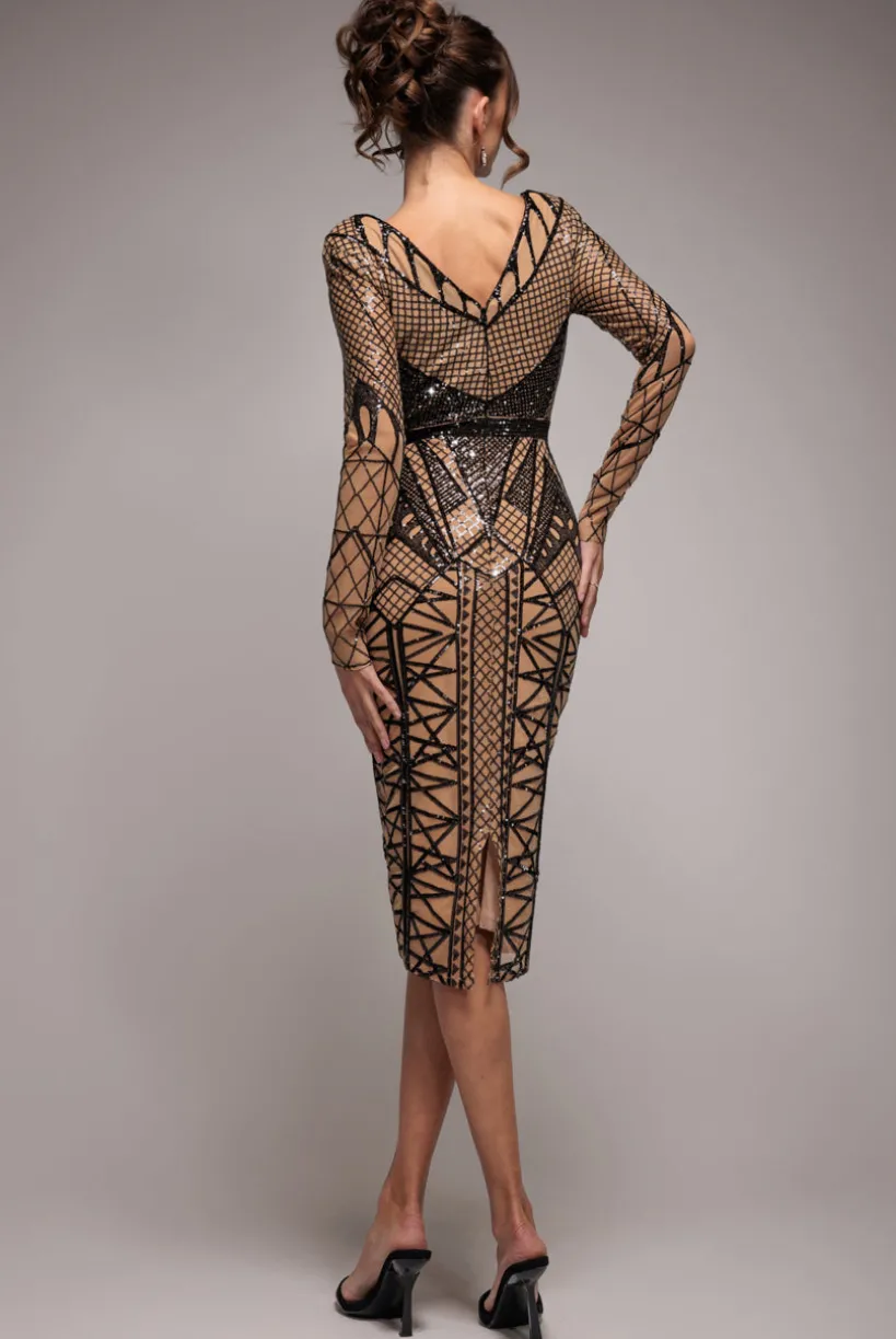 Geometric Sequin Plunge Midi - Black by Goddiva