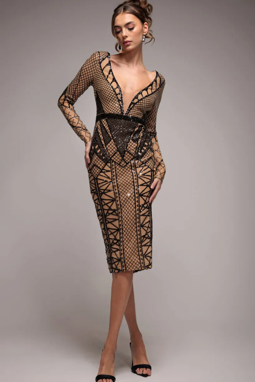 Geometric Sequin Plunge Midi - Black by Goddiva