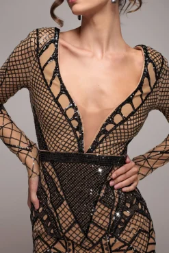 Geometric Sequin Plunge Midi - Black by Goddiva